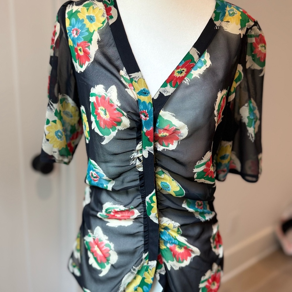 Gray Ruched Floral Blouse